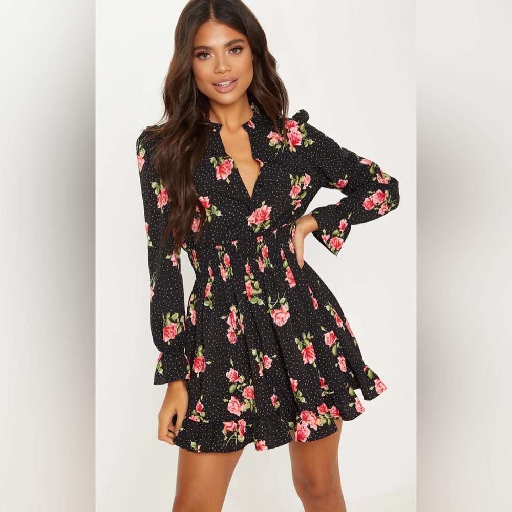 Black Floral Polka Dot Shirred Waist Shirt
Dress